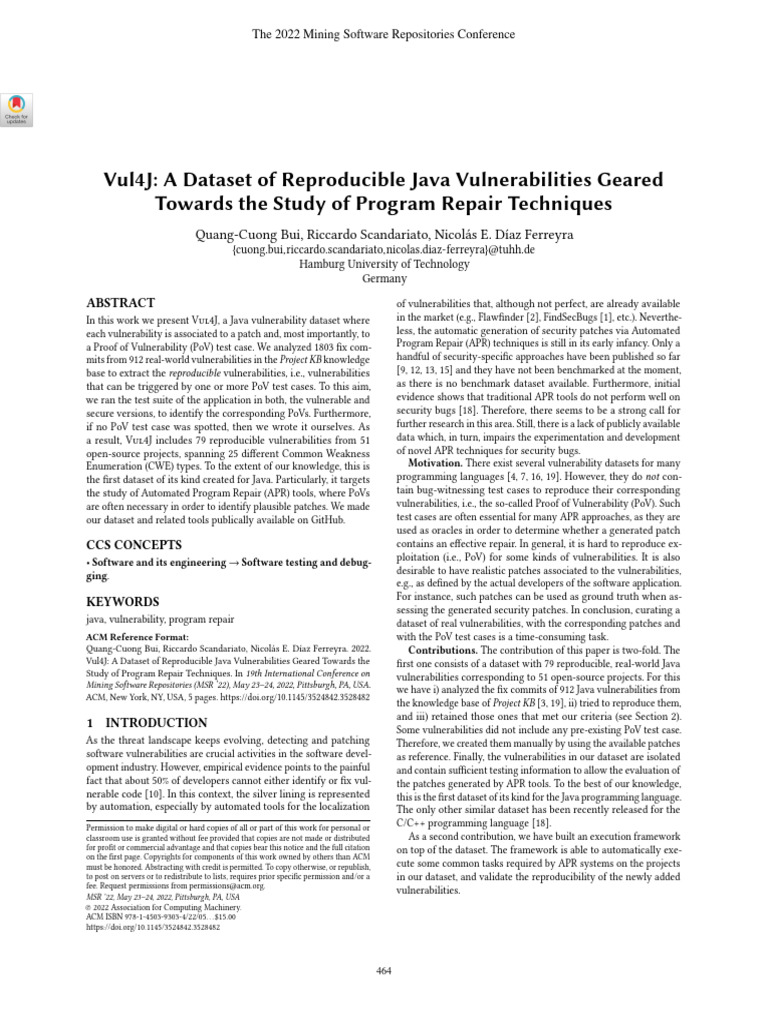Vul4J: Java Vulnerability Dataset for APR | PDF | Software Engineering ...