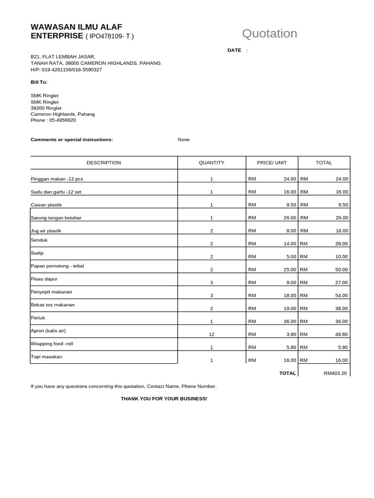 Quotation for Catering Supplies | PDF