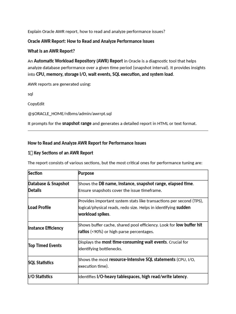 AWR Report Analysis for Performance Tuning | PDF | Cache (Computing ...