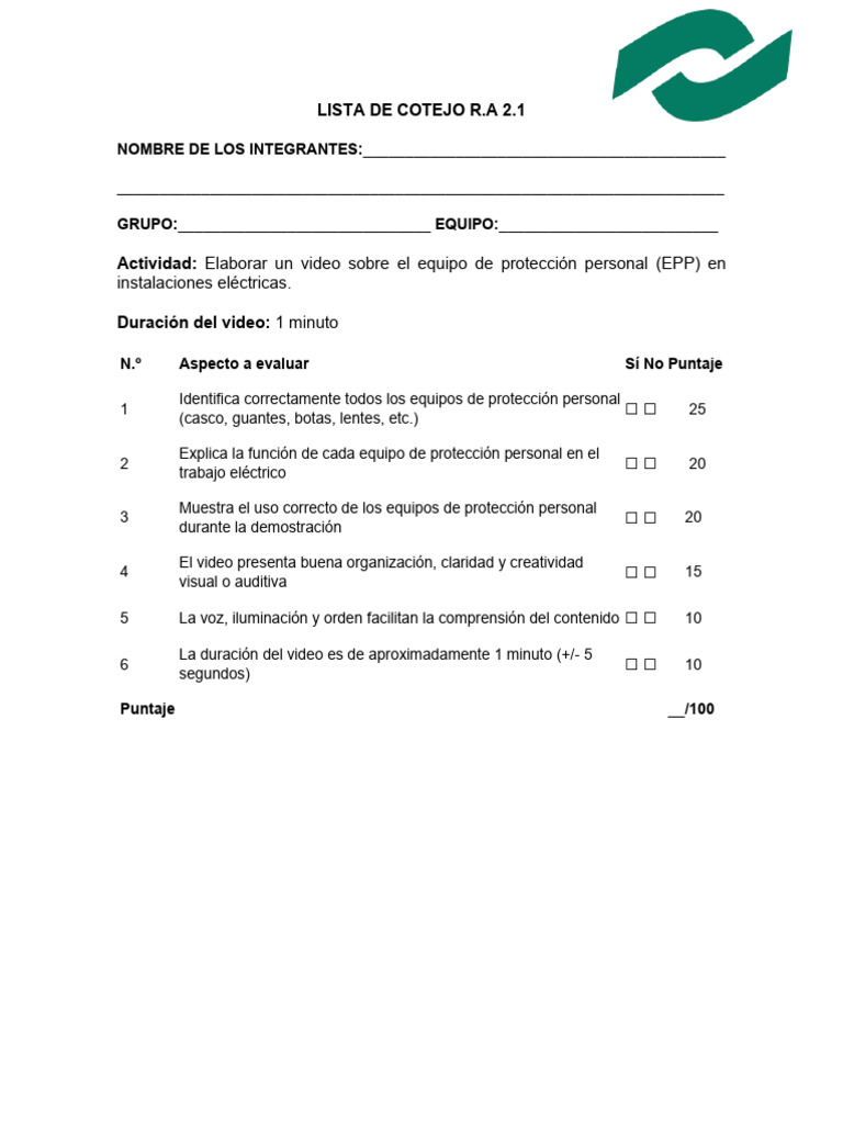 Lista de Cotejo R.A 2.1 | PDF