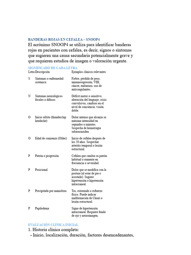 Banderas Rojas en Cefalea: SNOOP4 | PDF | Dolor de cabeza | Meningitis
