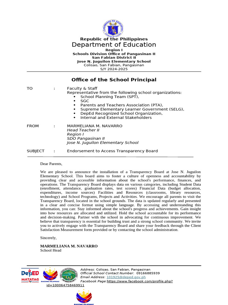 Transparency Board at Jose N. Juguilon School | PDF | Transparency ...
