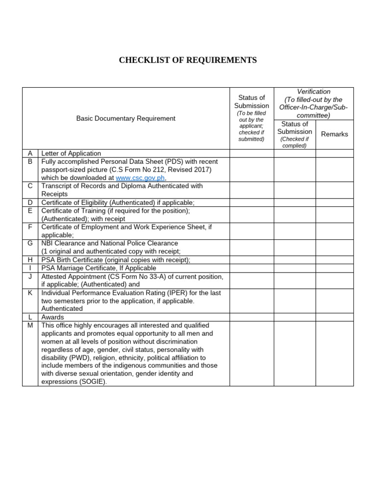 Application Document Requirements Checklist | PDF