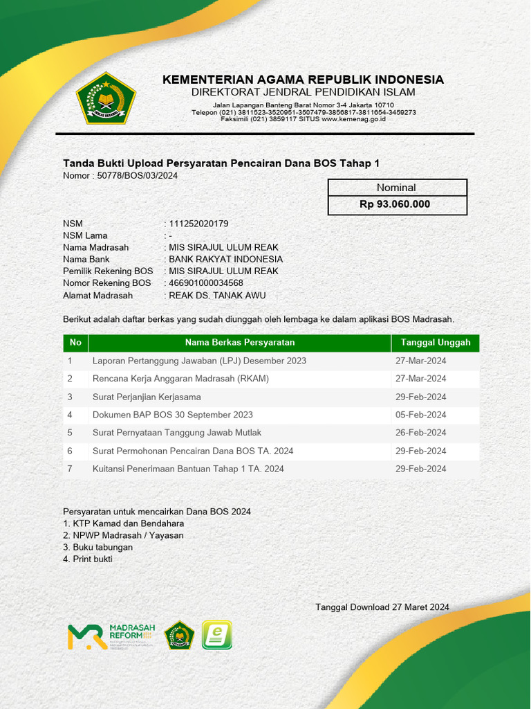 Pencairan Dana BOS 2024 MIS Sirajul Ulum | PDF