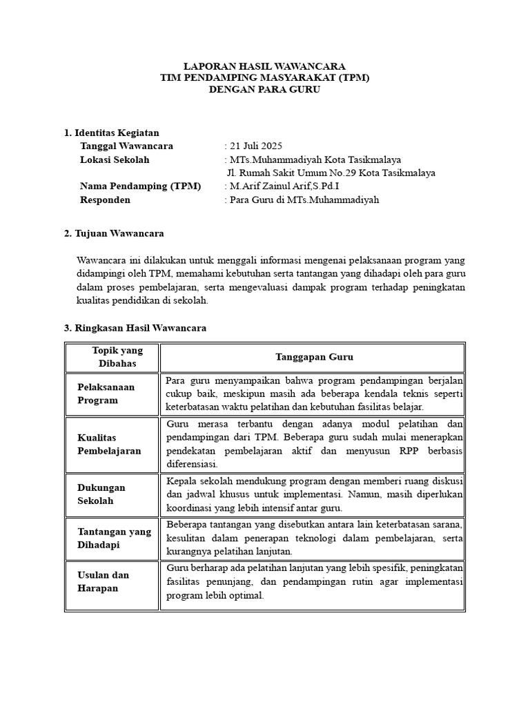 Wawancara Guru MTs Muhammadiyah 2025 | PDF