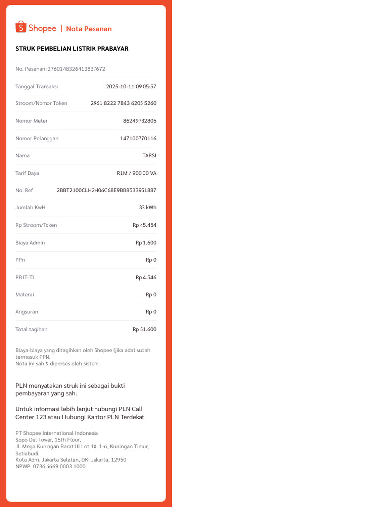 Nota Pembayaran Listrik Prabayar PLN | PDF