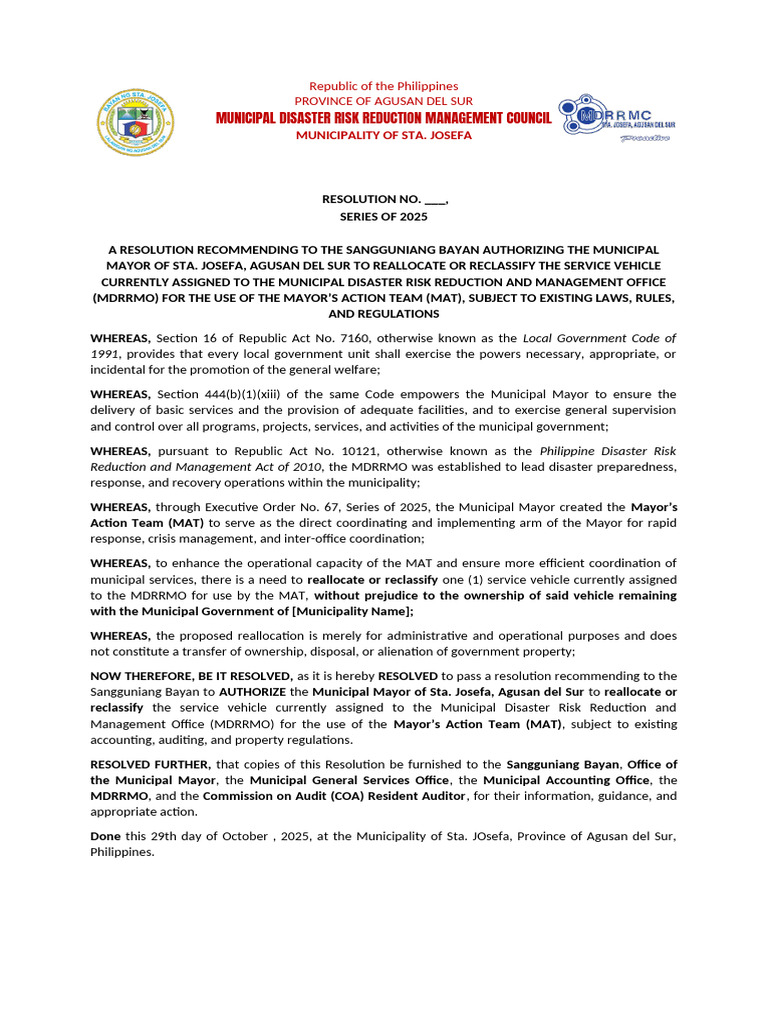 Sta. Josefa Vehicle Reallocation Resolution | PDF | Government