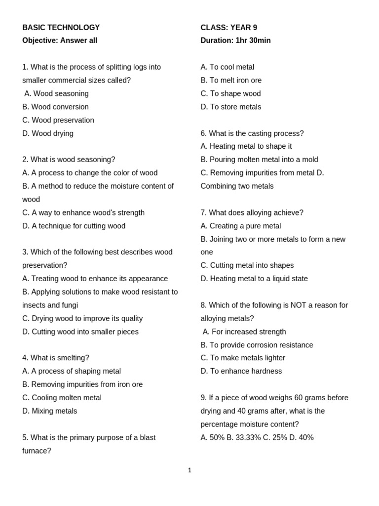 Year 9 Basic Technology Exam Guide | PDF | Metals | Wood