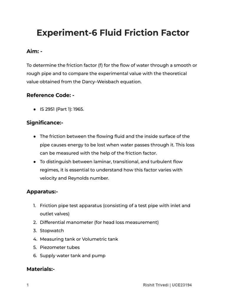 Fluid Friction Factor Experiment Analysis | PDF | Fluid Dynamics ...
