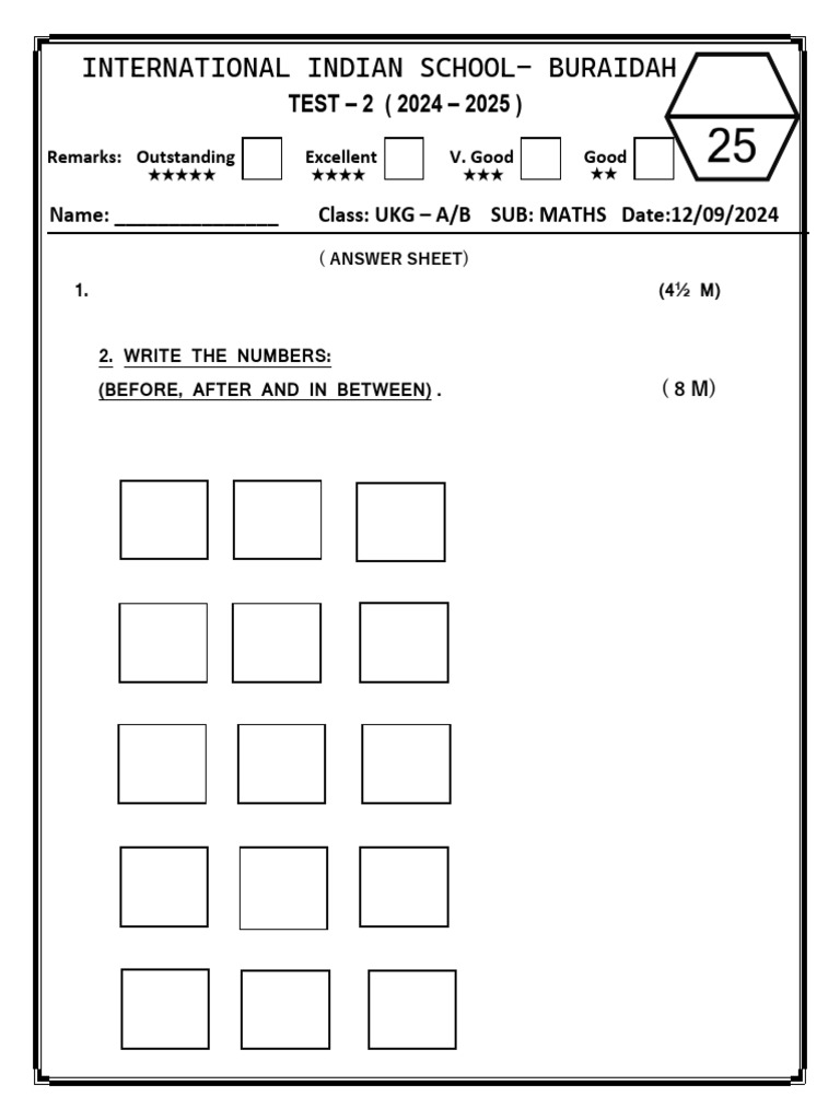 UKG Maths Test 2 Answer Sheet 2024 | PDF