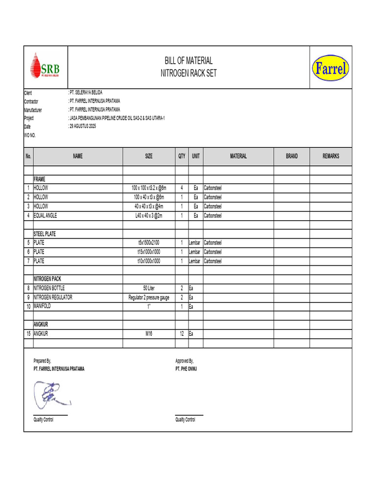 Bill of Material Nitrogen Rack Set | PDF
