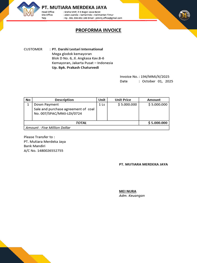 Proforma Invoice for Coal Purchase | PDF
