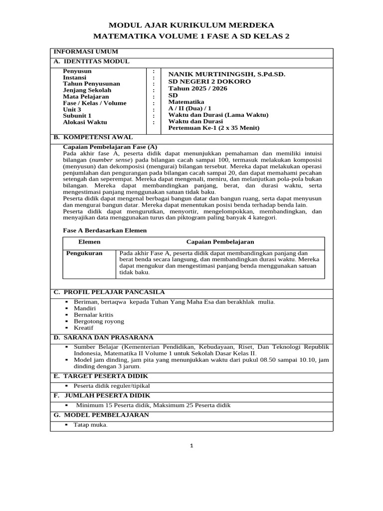 Modul Ajar Matematika SD Kelas 2 Fase A | PDF