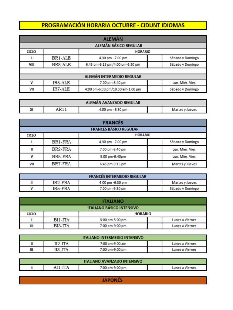 Horarios de Cursos de Idiomas Octubre | PDF