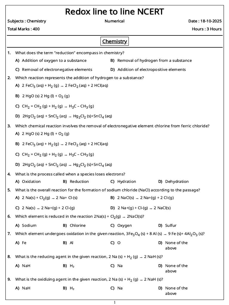 Redox Reactions in Chemistry Exam Guide | PDF | Redox | Chemical Reactions