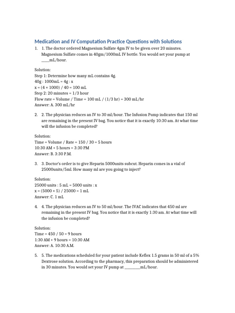 Medication and IV Computation Practice Questions With Computations ...