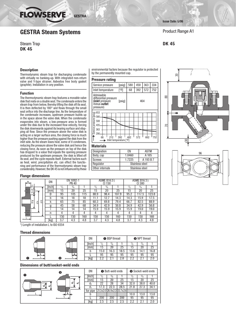 Thermodynamic Steam Trap DK 45 Specifications | PDF | Pressure | Valve
