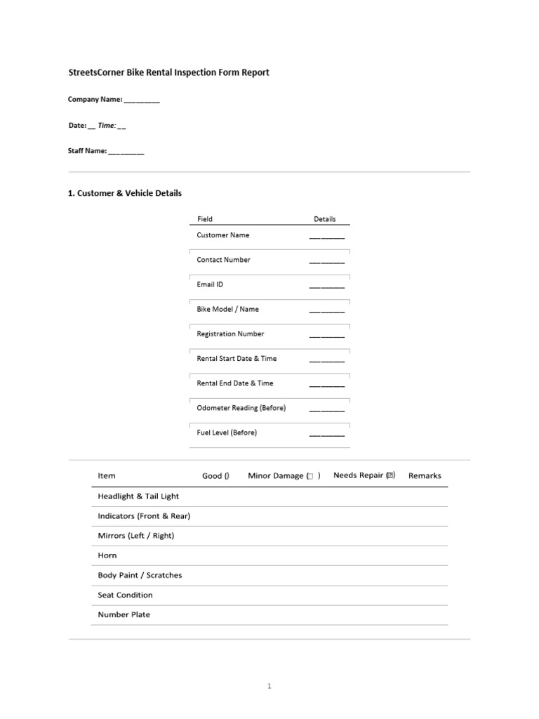 Bike Rental Inspection Form Template | PDF