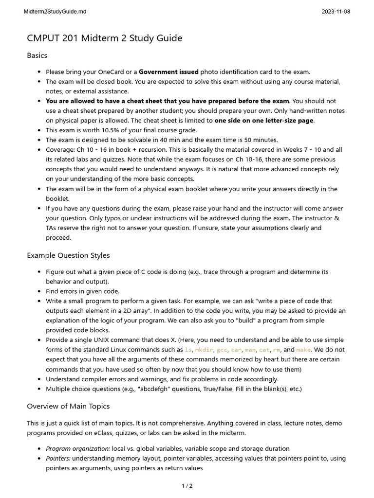 CMPUT 201 Midterm 2 Study Guide | PDF | Pointer (Computer Programming ...