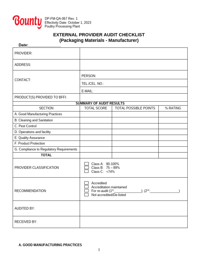 Poultry Processing Audit Checklist | PDF