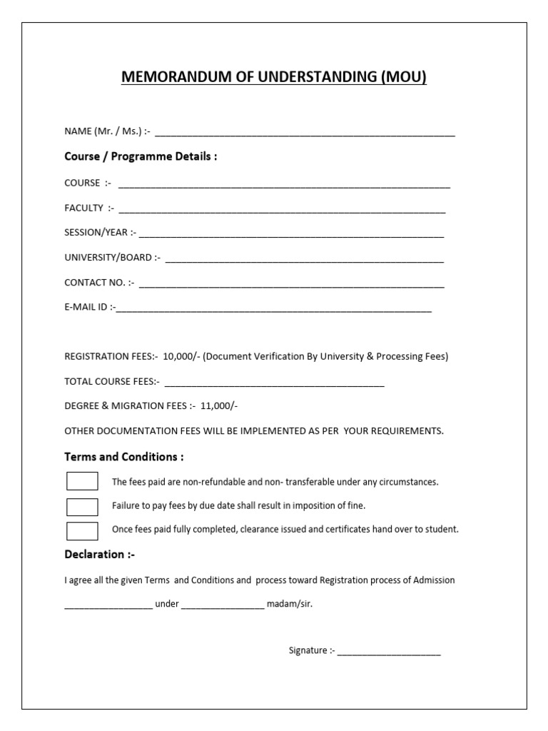 MOU for Course Registration and Fees | PDF