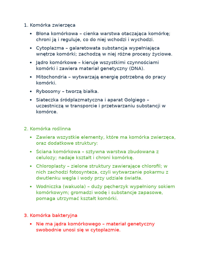 Rodzaje Komórek Klasa 5 - Notatka | PDF