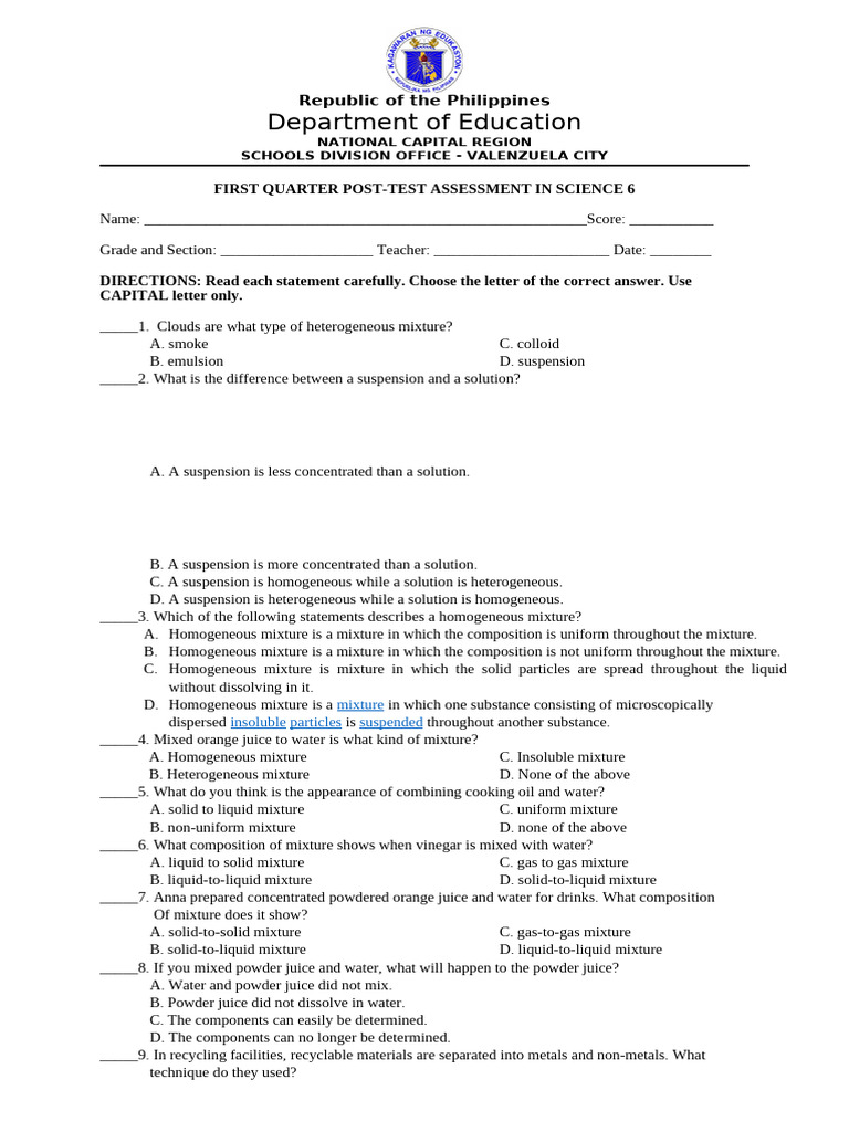 Science 6 First Quarter Assessment | PDF | Mixture | Suspension (Chemistry)