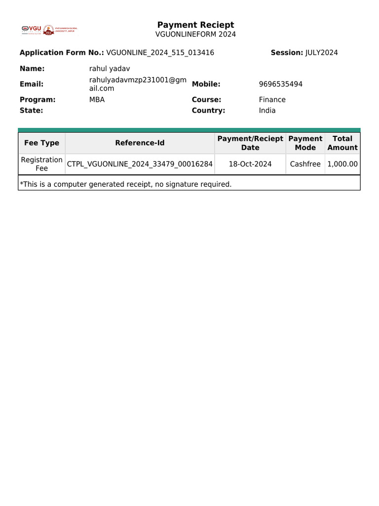 Rahul Vgu Recipt | PDF