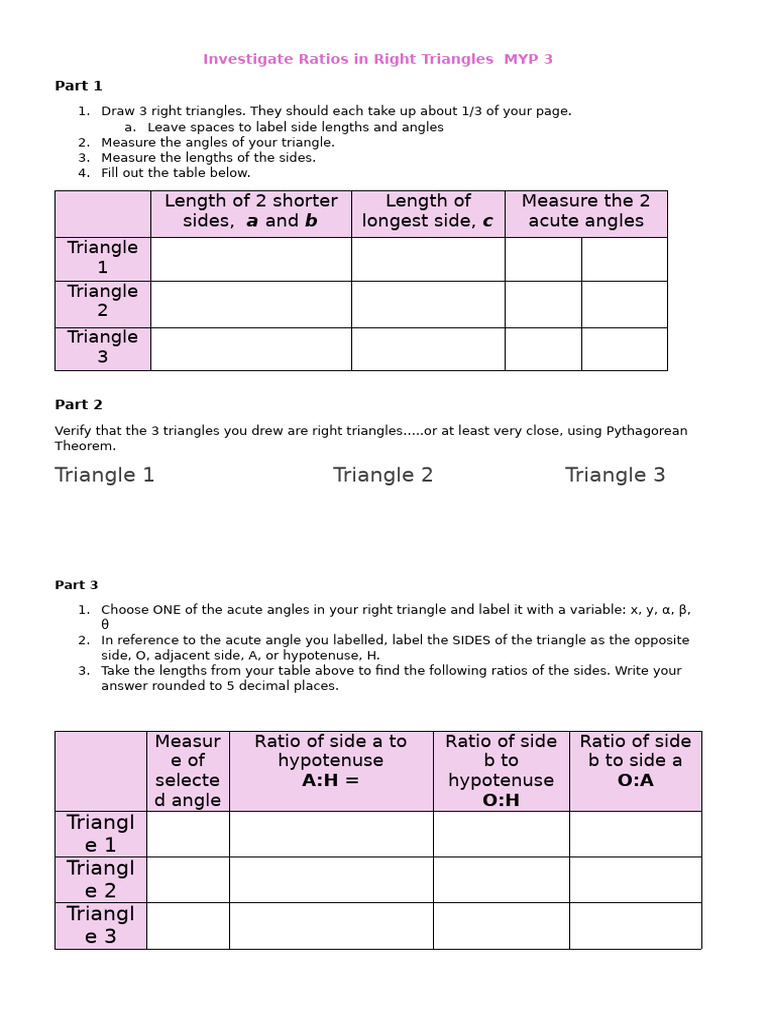Investigation Right Triangle Ratios MYP 3 V2 | PDF