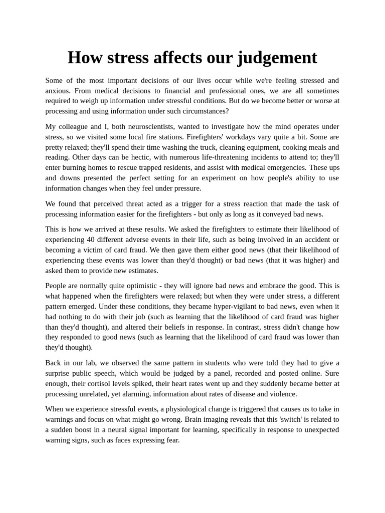 Stress and Its Impact on Judgment | PDF | Stress (Biology) | Firefighter
