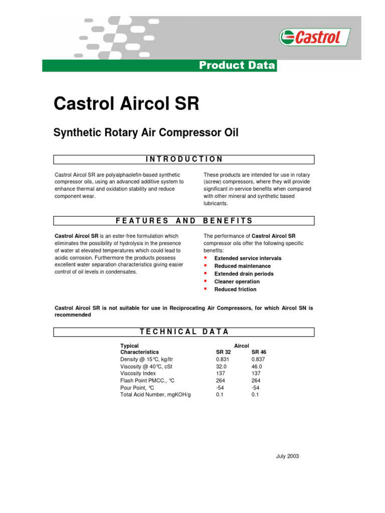 Castrol Aircol SR Synthetic Compressor Oil | PDF