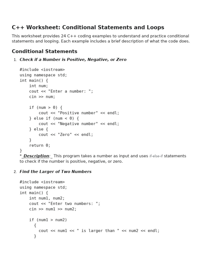 C++ Worksheet - Conditionals and Loops | PDF | Namespace | C++