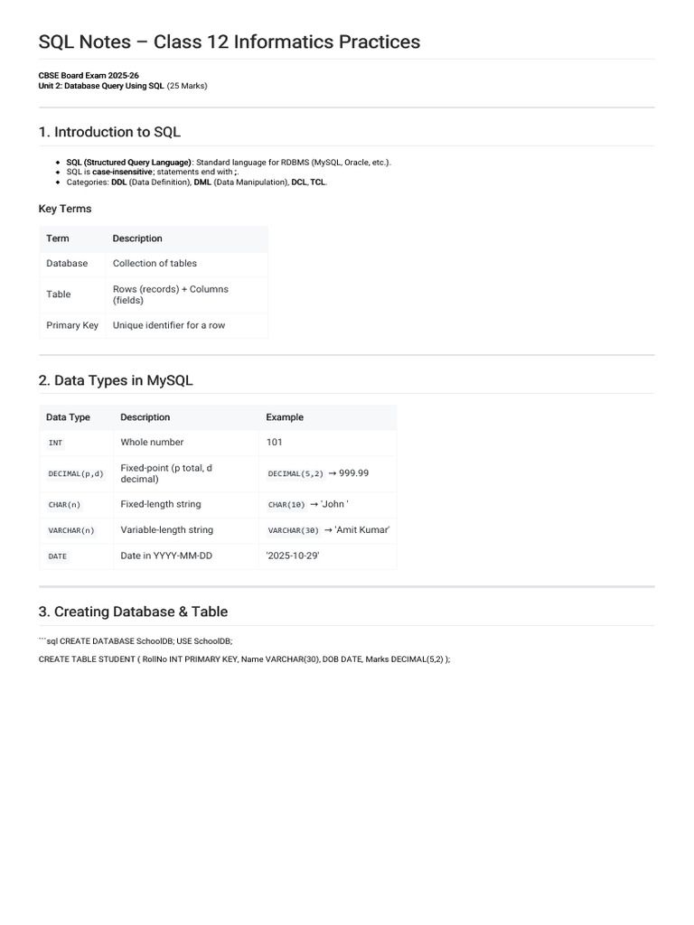 Class 12 SQL Notes for MySQL | PDF