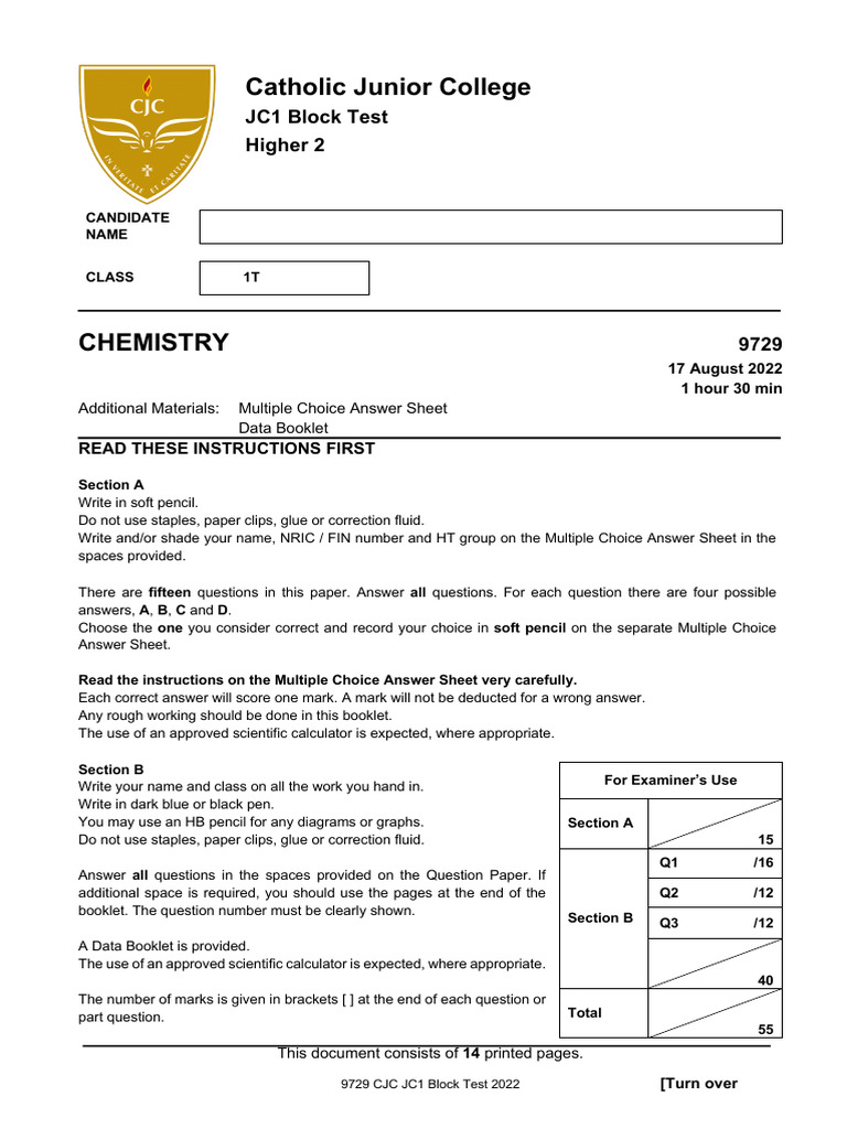 JC1 Chemistry Block Test 2022 | PDF | Chemical Equilibrium | Multiple ...