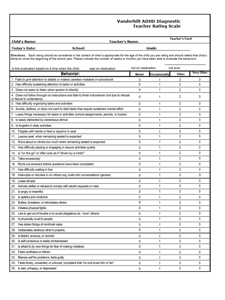 Vanderbilt ADHD Teacher Rating Scale | PDF | Tourette Syndrome | Mental ...