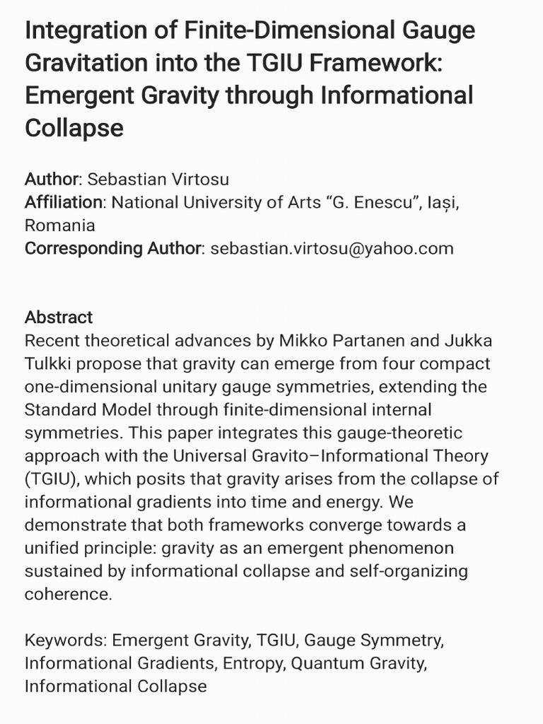 Integration of Finite-Dimensional Gauge Gravitation Into The TGIU ...