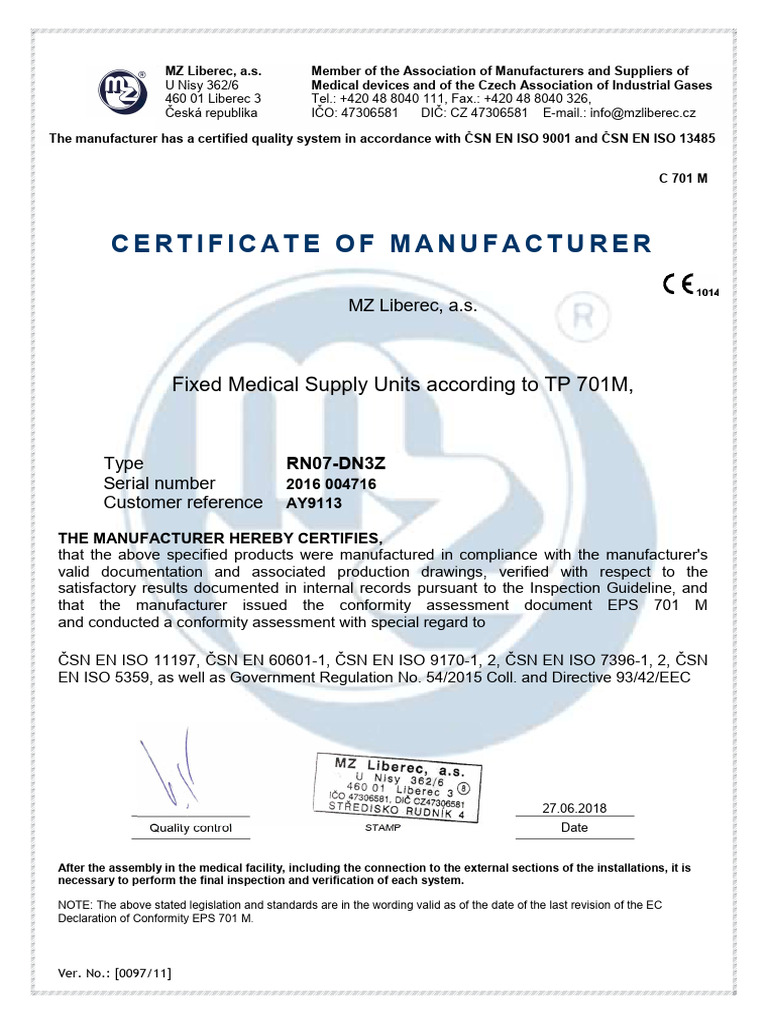Manufacturer S Certificate - Bed Head Units - LAO4 | PDF | Verification ...