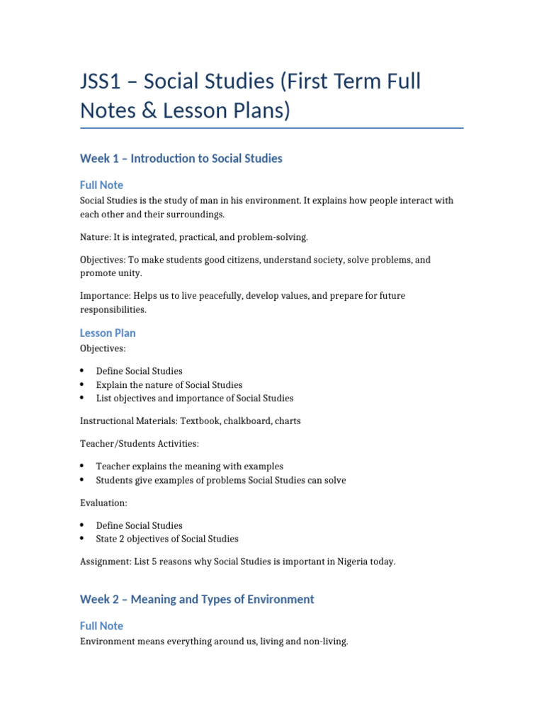 JSS1 FirstTerm Full SocialStudies | PDF | Natural Environment | Lesson Plan