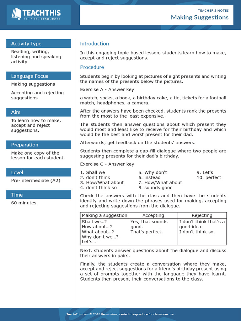 Making Suggestions in ESL/EFL Classes | PDF | Learning