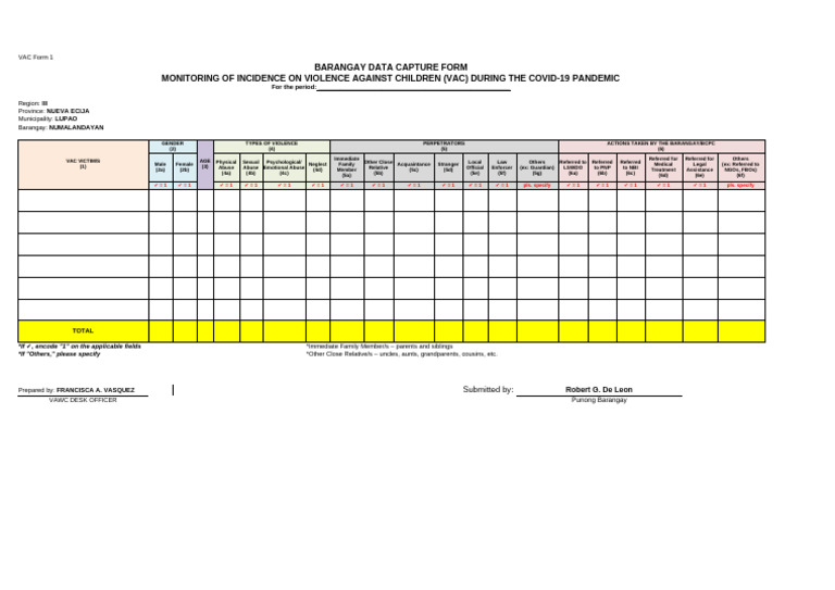 VAC Form: Child Violence Data Capture | PDF | Child Abuse | Gender ...