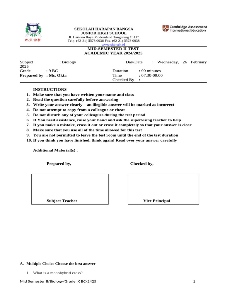 Biology Mid-Semester Test Grade 9 BC | PDF | Dominance (Genetics ...