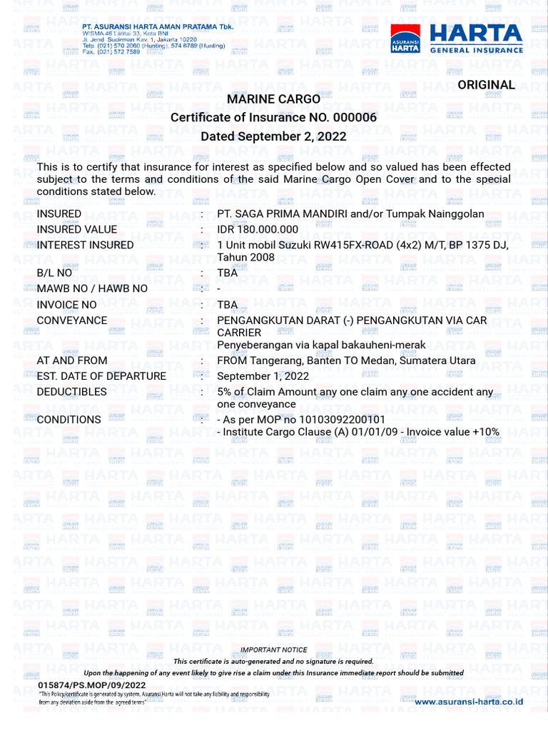 Marine Cargo Insurance Certificate 2022 | PDF