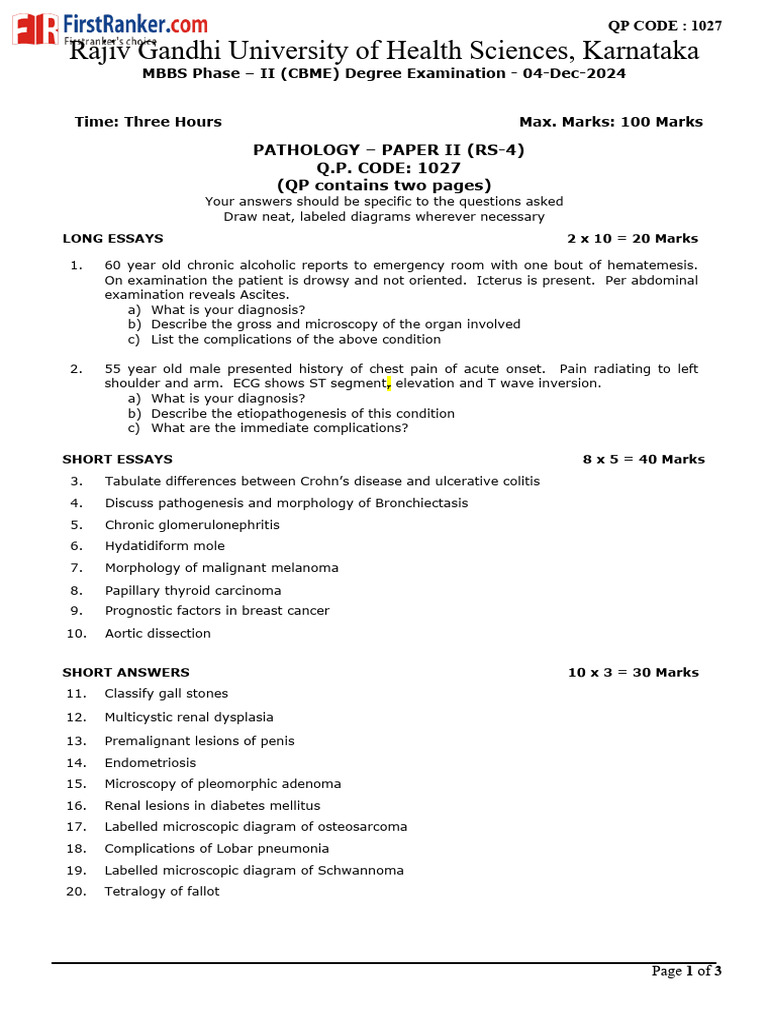 MBBS Pathology Exam QP Code 1027 | PDF | Carcinoma | Cancer