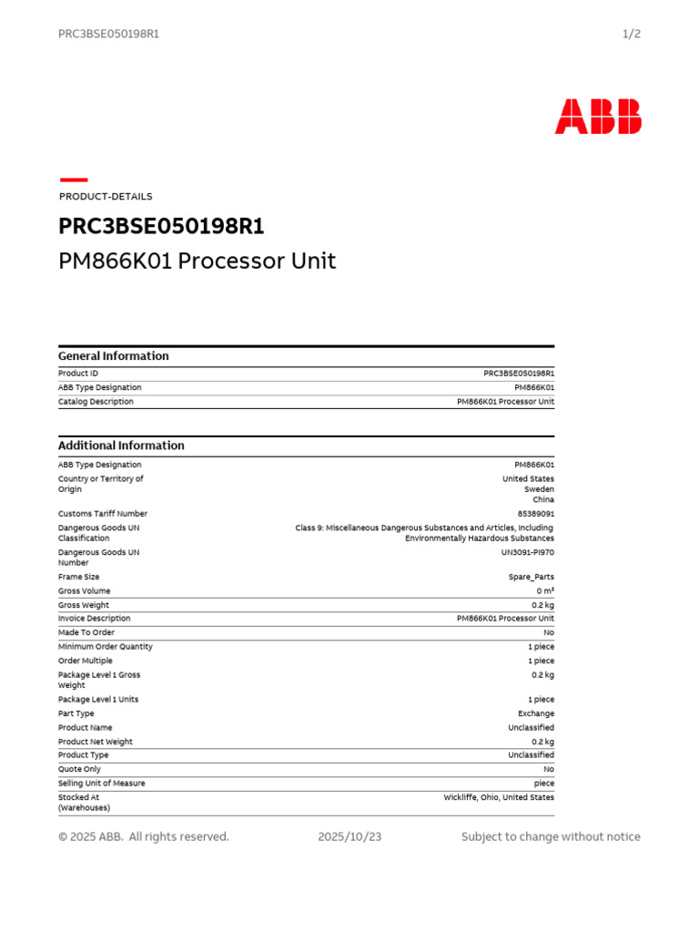 Processor Unit, Pm866, Prc3bse050198r1 | PDF | Dangerous Goods