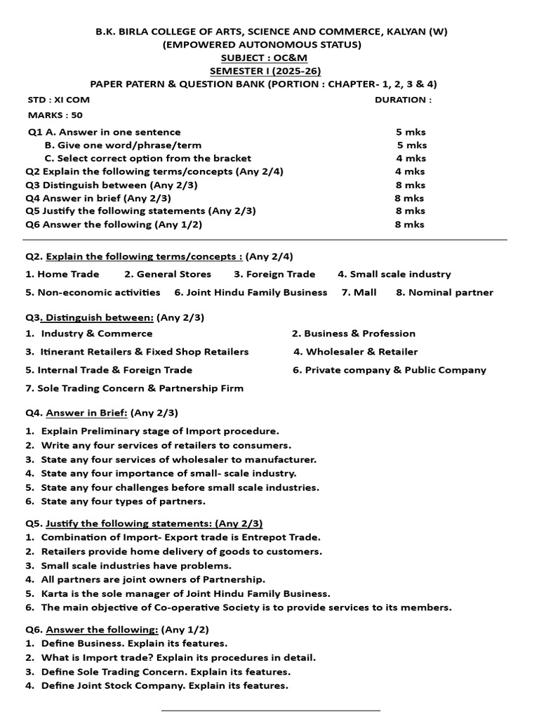 11th OCM 1st Sem Question Paper 2025 | PDF | Trade | Economies