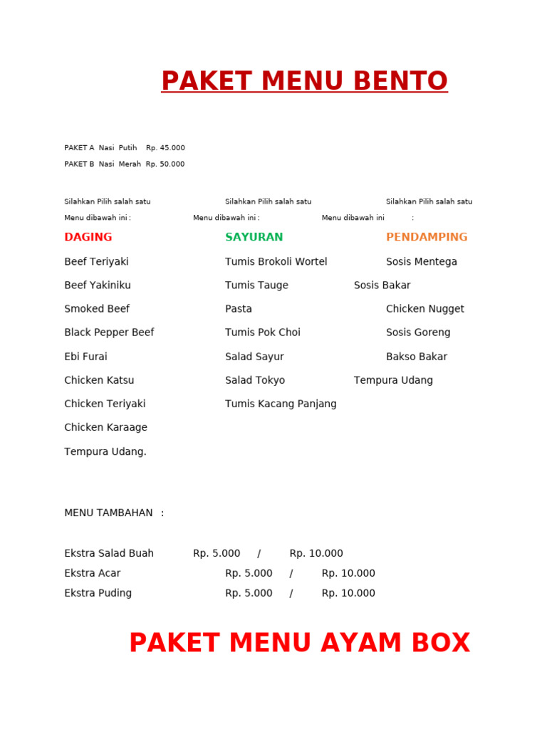 Paket Menu Bento Catering Berkah | PDF