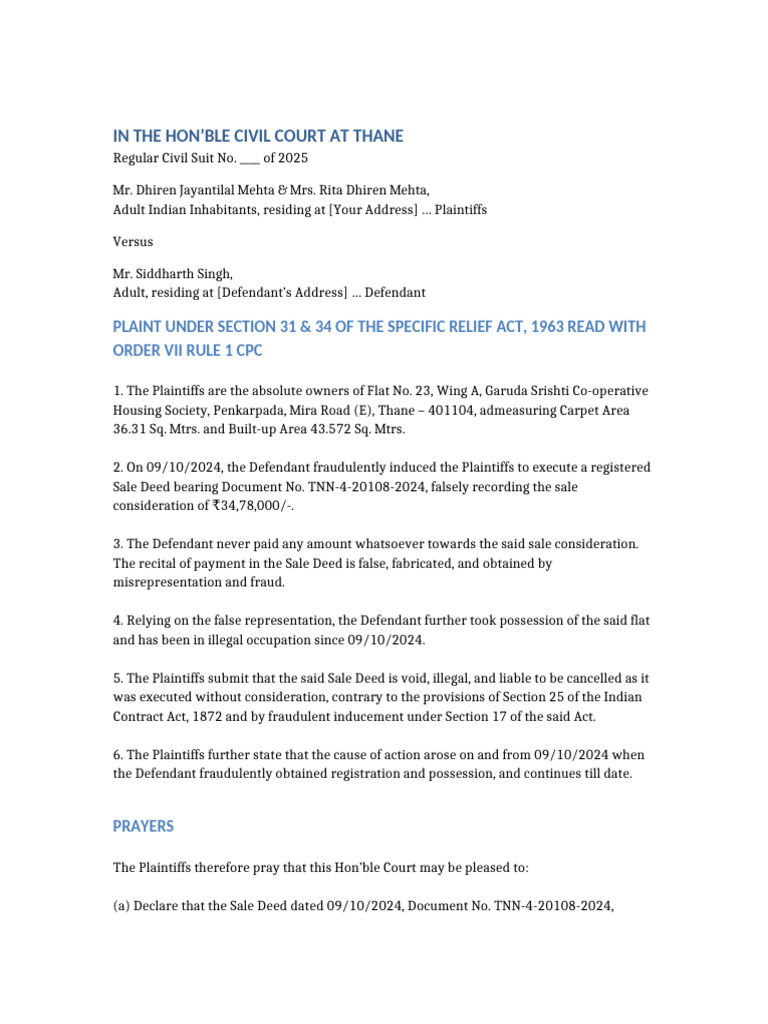Civil Suit Dhiren Mehta Vs Siddharth Singh | PDF | Private Law | Common Law