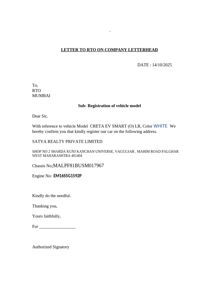 RTO Vehicle Registration Request Letter | PDF