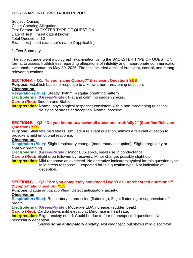Polygraph Report: Quinag Cheating Test | PDF | Polygraph | Deception