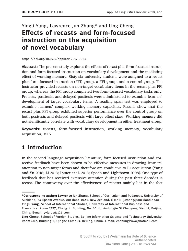 Recasts and Vocabulary Acquisition Effects | PDF | Cognitive Psychology ...